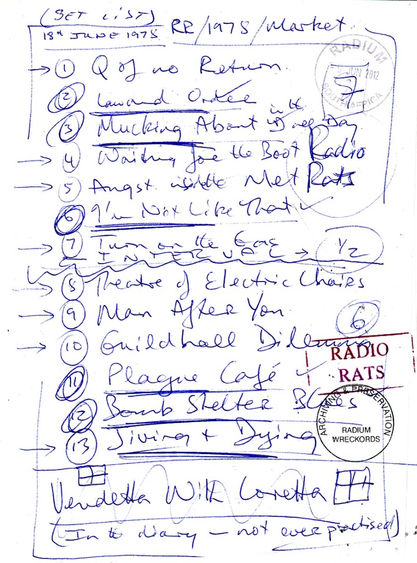 Radio Rats Set List 18 June 1978 Market Theatre